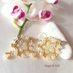 Orecchini donna handemade con cristalli bianchi e rocailles dorate