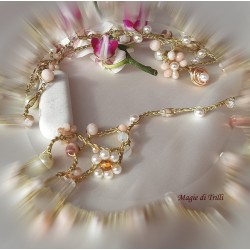 Collana lunga con cristalli e perle - filato gioielli oro - handemade