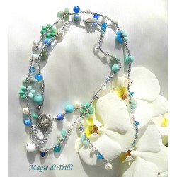 Collana lunga donna "Cielo" con cristalli, pietre perle e filo argentato