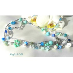 Collana lunga donna "Cielo" con cristalli, pietre perle e filo argentato