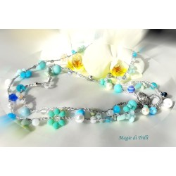 Collana lunga donna "Cielo" con cristalli, pietre perle e filo argentato