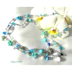 Collana lunga donna "Cielo" con cristalli, pietre perle e filo argentato