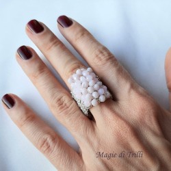 Anello con cristalli rosa e bianchi - filo argentato - gioiello tessile