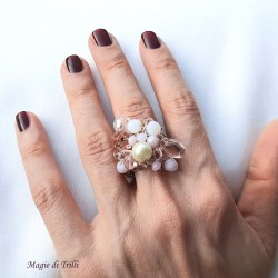 Anello donna handemade con perla e cristalli - gioiello tessile