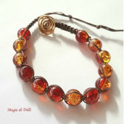 Bracciale shamballa regolabile rosso - oro, chiusura a bottone, perle vetro crackle