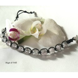 Bracciale shamballa regolabile bianco, chiusura a bottone, perle vetro crackle