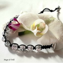 Bracciale shamballa regolabile bianco, chiusura a bottone, perle vetro crackle