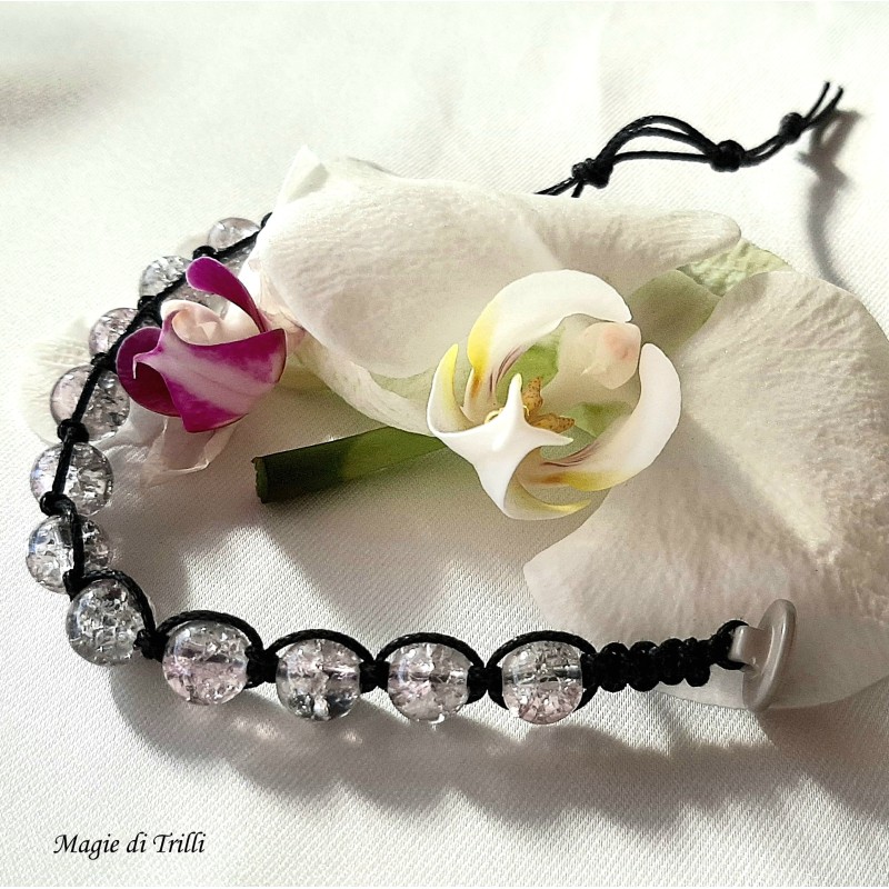 Bracciale shamballa regolabile bianco, chiusura a bottone, perle vetro crackle