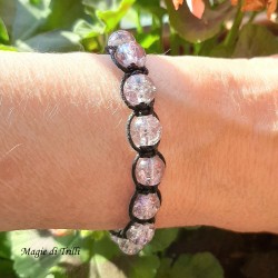 Bracciale shamballa regolabile bianco, chiusura a bottone, perle vetro crackle