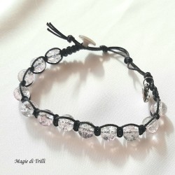 Bracciale shamballa regolabile bianco, chiusura a bottone, perle vetro crackle
