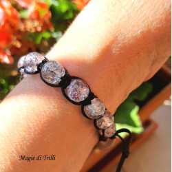 Bracciale shamballa regolabile bianco, chiusura a bottone, perle vetro crackle
