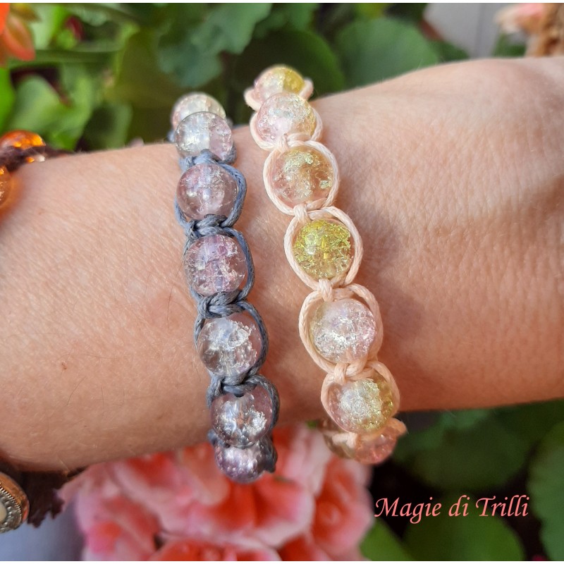 Bracciale shamballa regolabile, chiusura a bottone, perle vetro crackle